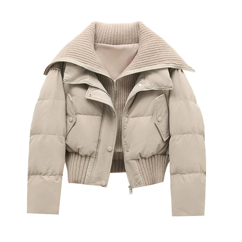 Women's Short Puffer Jacket Warm Padded Ribbed Collar