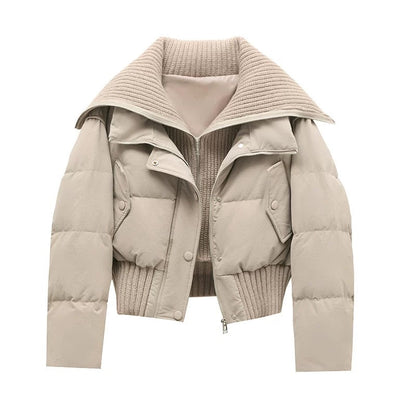 Women's Short Puffer Jacket Warm Padded Ribbed Collar