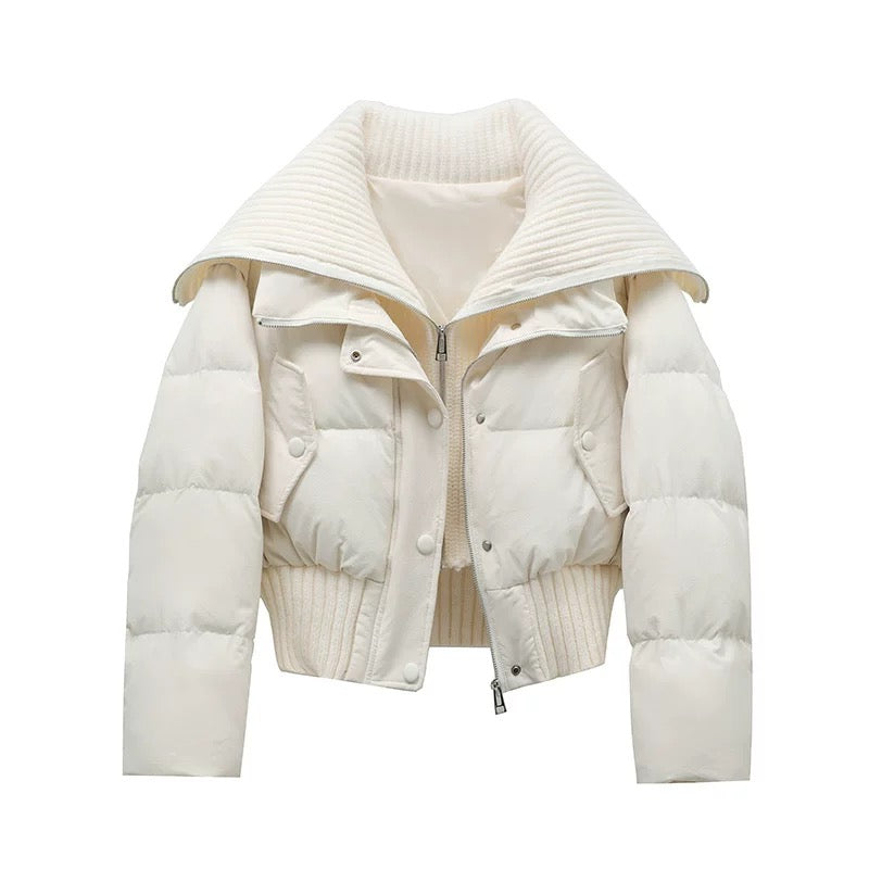 Women's Short Puffer Jacket Warm Padded Ribbed Collar