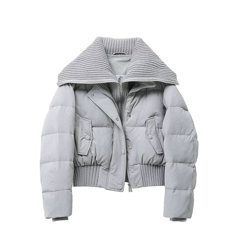 Women's Short Puffer Jacket Warm Padded Ribbed Collar