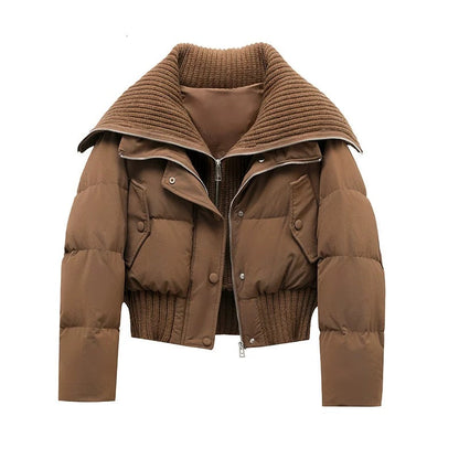 Women's Short Puffer Jacket Warm Padded Ribbed Collar