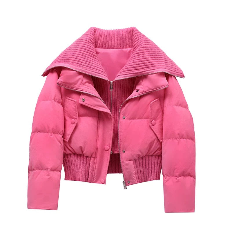 Women's Short Puffer Jacket Warm Padded Ribbed Collar