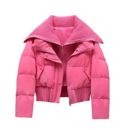 Women's Short Puffer Jacket Warm Padded Ribbed Collar