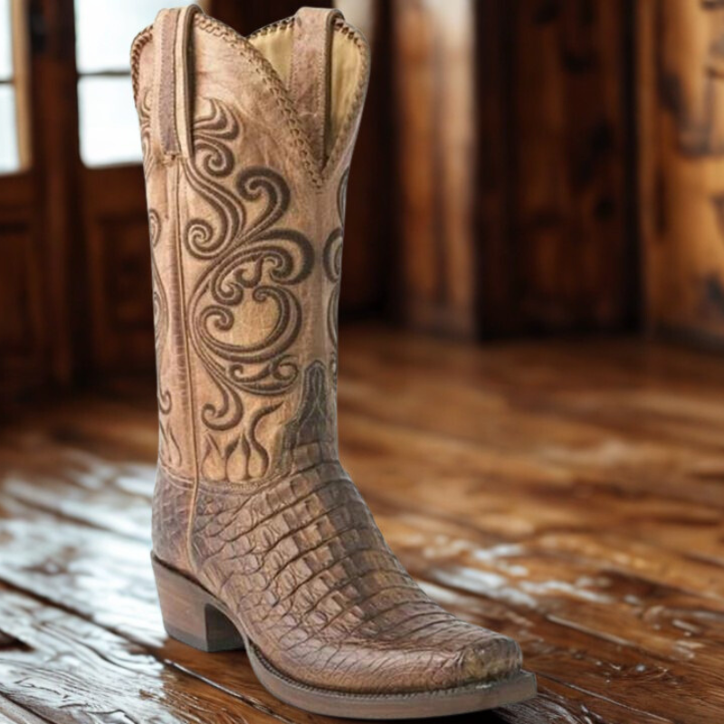 Women's Western Boots | Embossed Leather with Block Heel