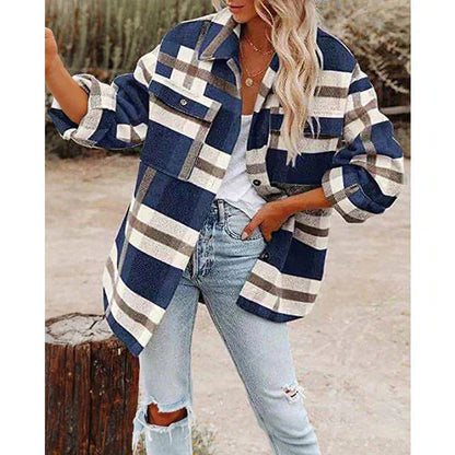 Women's Large Plaid Long-Sleeved Winter Coat