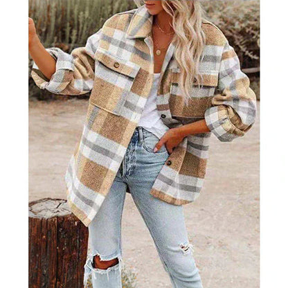 Women's Large Plaid Long-Sleeved Winter Coat