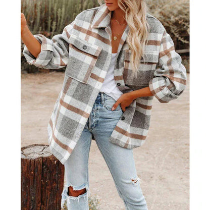 Women's Large Plaid Long-Sleeved Winter Coat