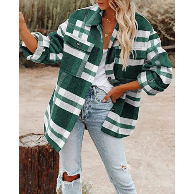Women's Large Plaid Long-Sleeved Winter Coat