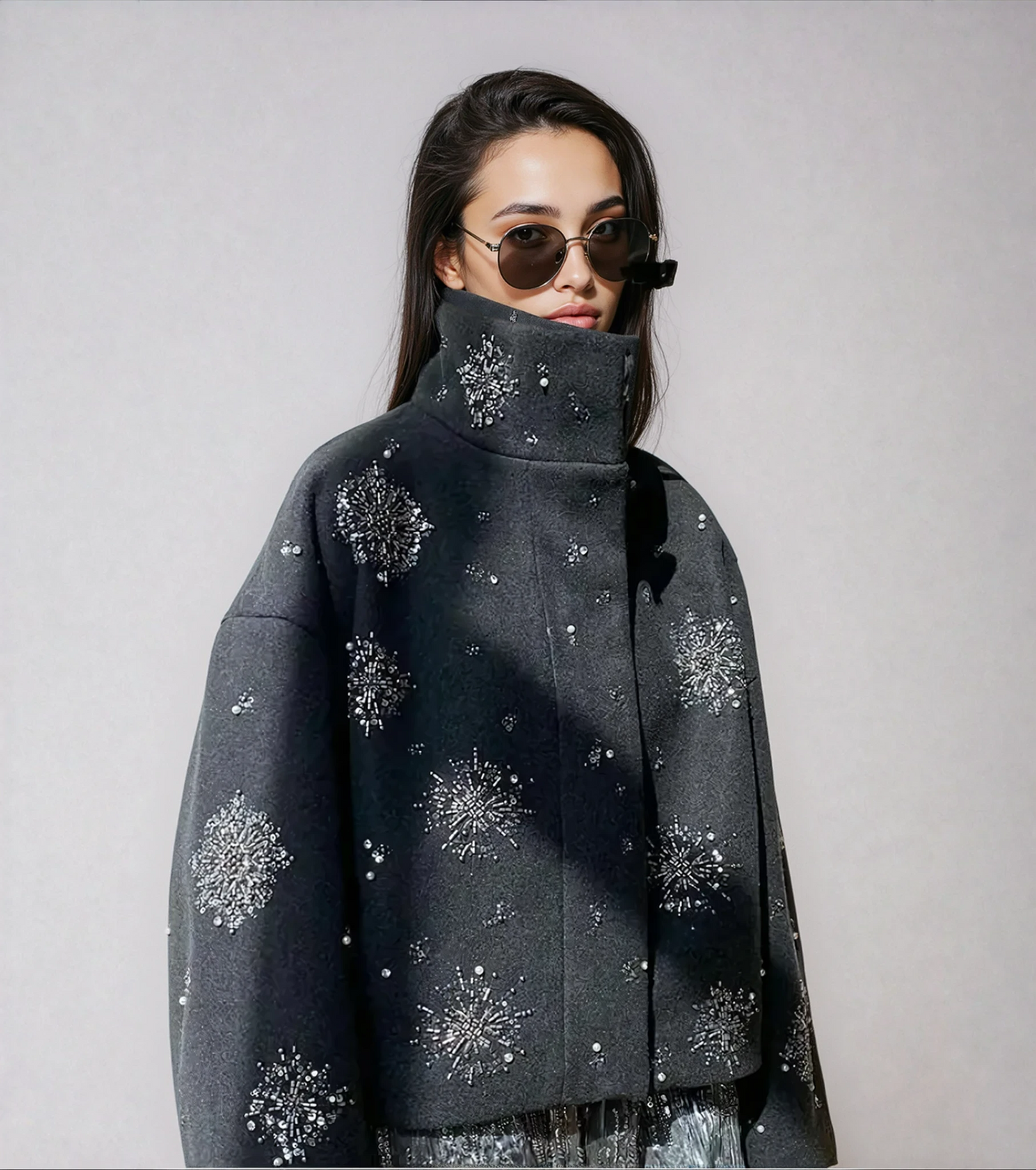 Elegant Women's Peacoat with Pearl Embroidery