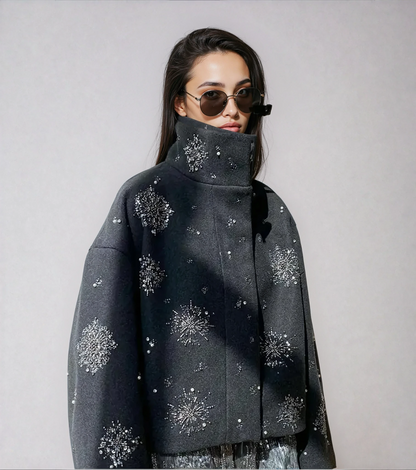 Elegant Women's Peacoat with Pearl Embroidery