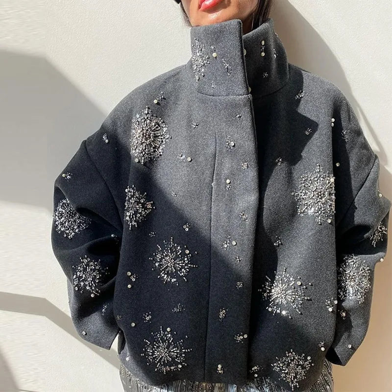 Eleganter Damen Peacoat Mantel mit Perlen Stickerei - IdealeKleiden
