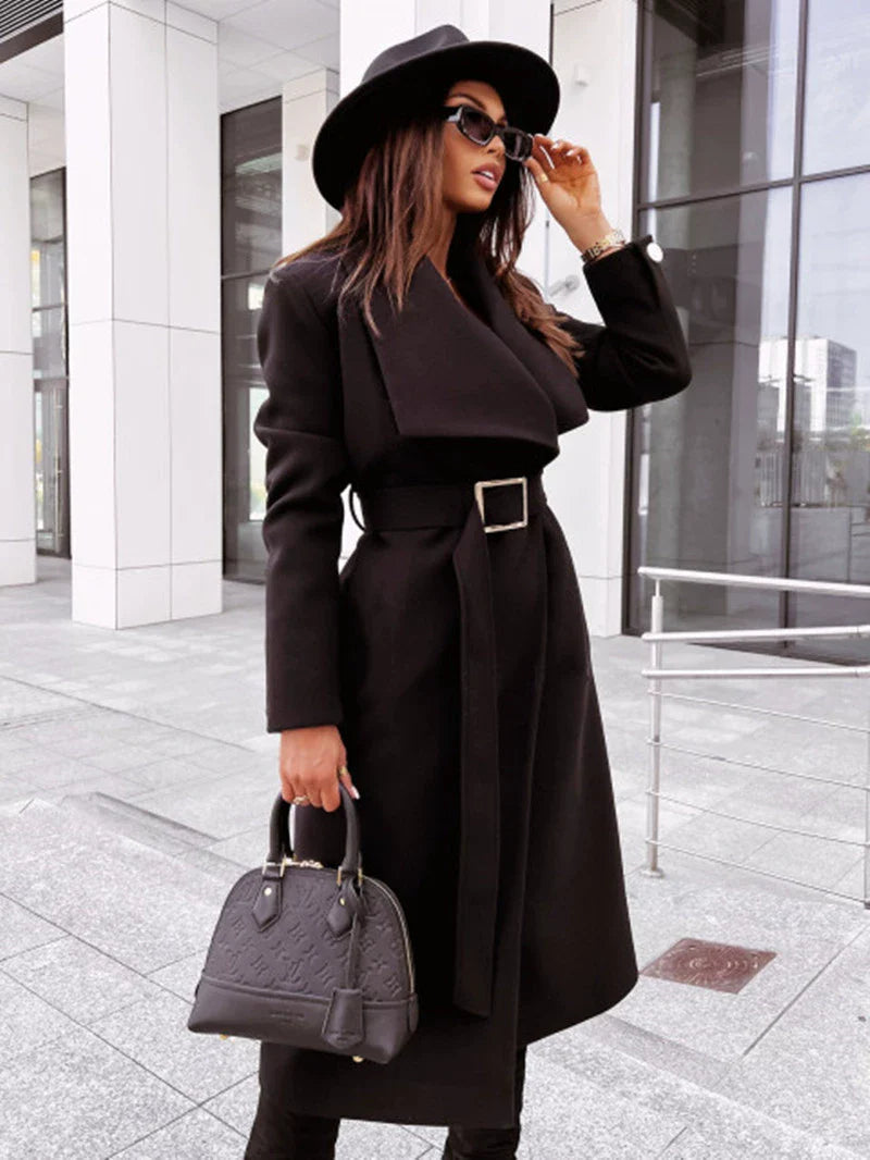 Women's Long Wool Jacket with Belt and Notched Lapels
