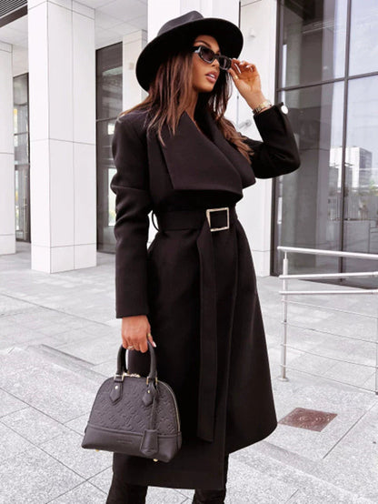 Women's Long Wool Jacket with Belt and Notched Lapels