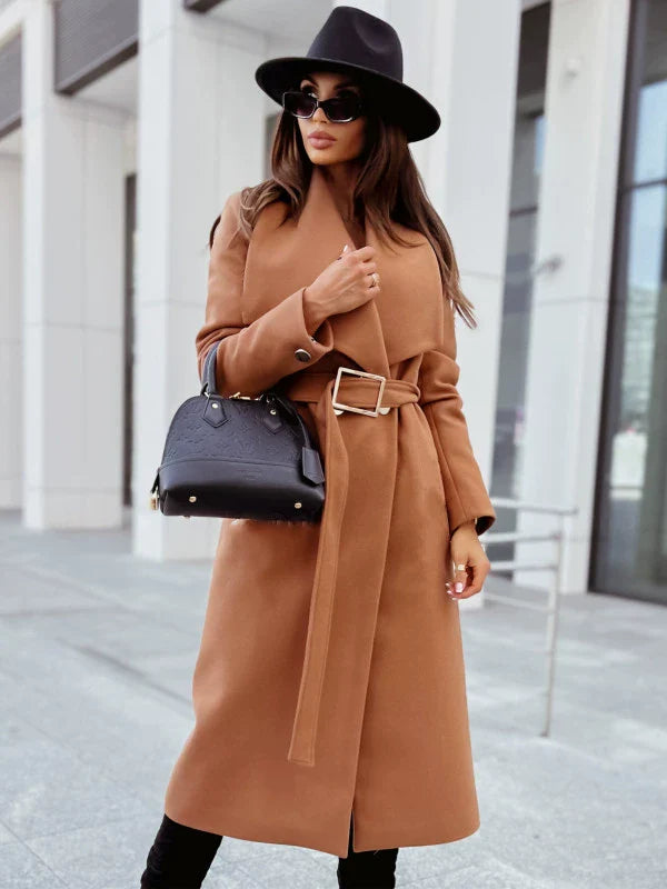 Women's Long Wool Jacket with Belt and Notched Lapels