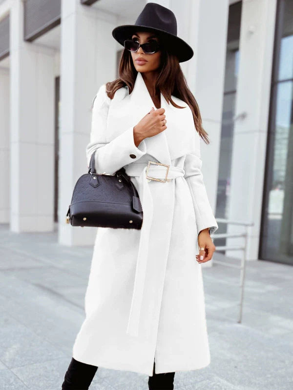 Women's Long Wool Jacket with Belt and Notched Lapels