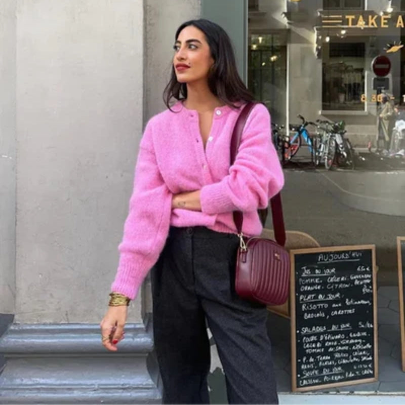 Damen Cardigan Rosa Rundhals Knöpfe - IdealeKleiden