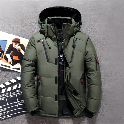 Warm men's winter jacket with hood and zipper