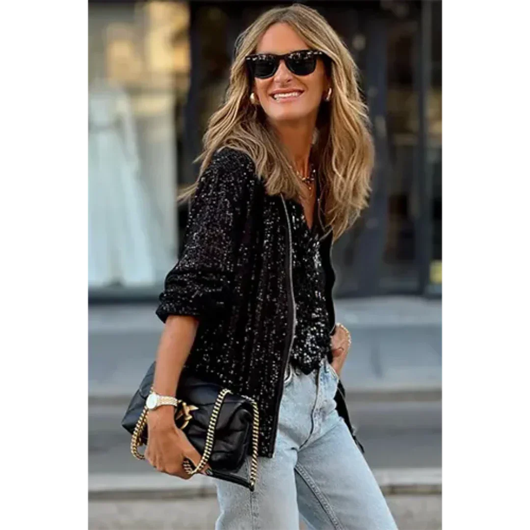Bomber Jacket Casual Glamour Sequins Zipper