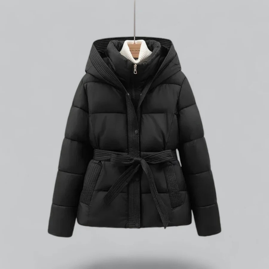Stylische Damen Pufferjacke Mit Kapuze und Gürtel - IdealeKleiden