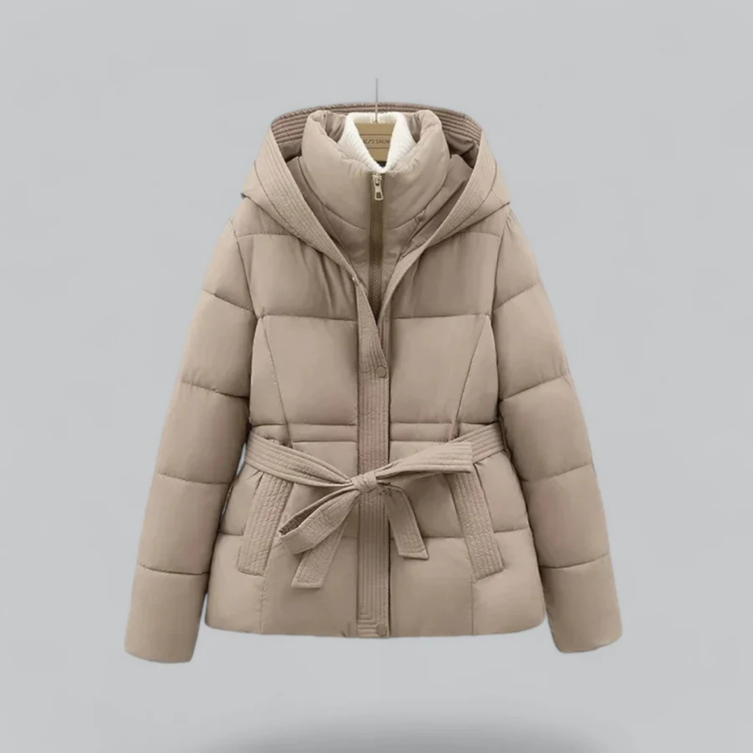 Stylish Women's Puffer Jacket With Hood and Belt