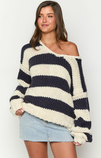 Strickpullover Damen Gestreift Warm Bequem - IdealeKleiden