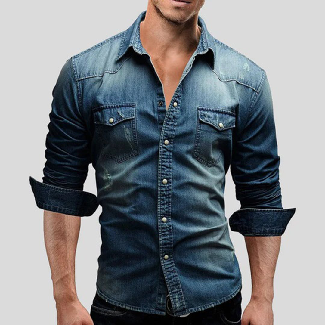 Men's Slim Fit Long Sleeve Denim Shirt Buttons