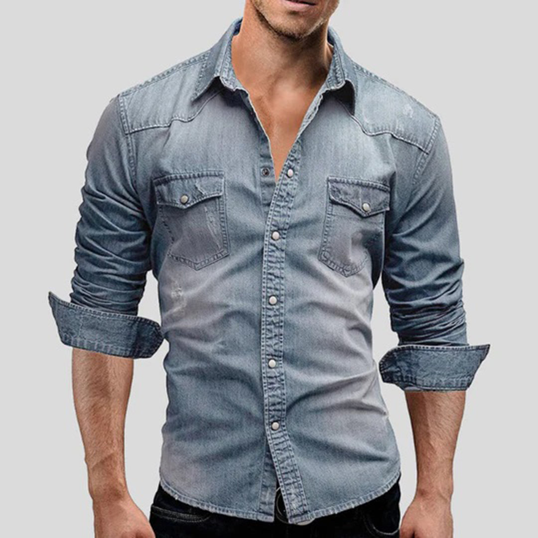 Men's Slim Fit Long Sleeve Denim Shirt Buttons