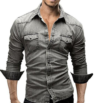 Men's Slim Fit Long Sleeve Denim Shirt Buttons