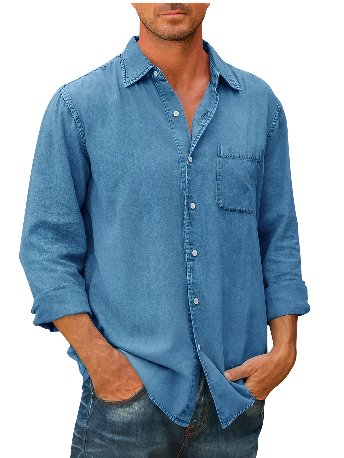 Men's Denim Shirt Long Sleeve Modern Collar