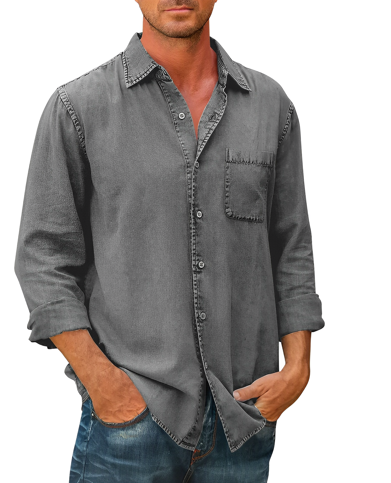 Men's Denim Shirt Long Sleeve Modern Collar