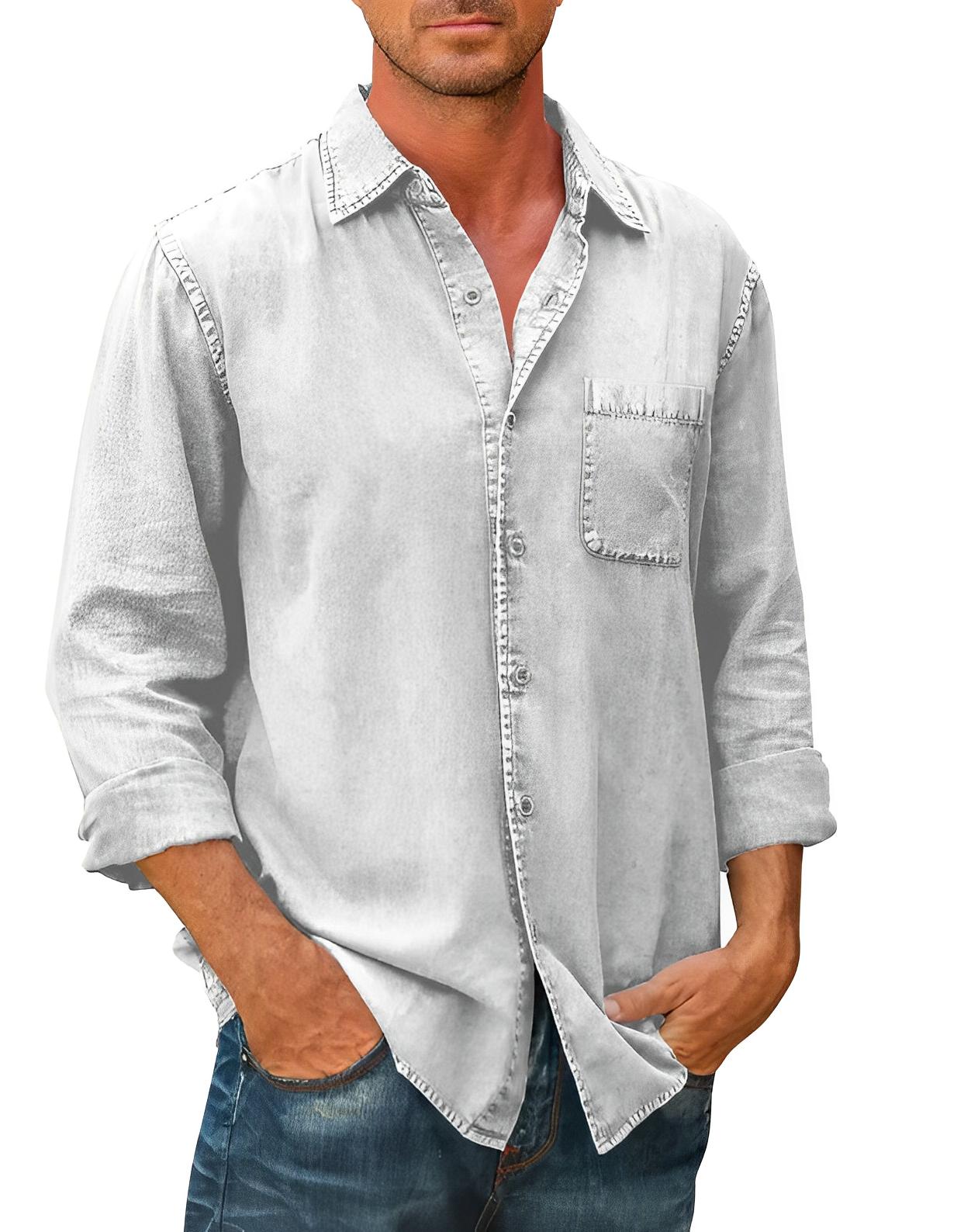 Men's Denim Shirt Long Sleeve Modern Collar