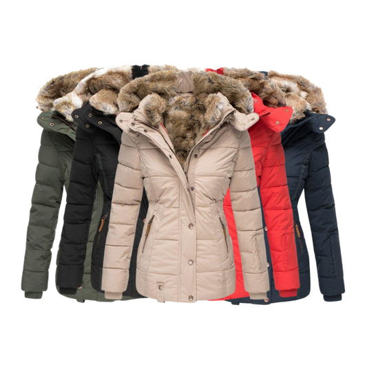 Warmes Winterkleid | Damenmantel mit Fellkragen und Steppnähten - IdealeKleiden