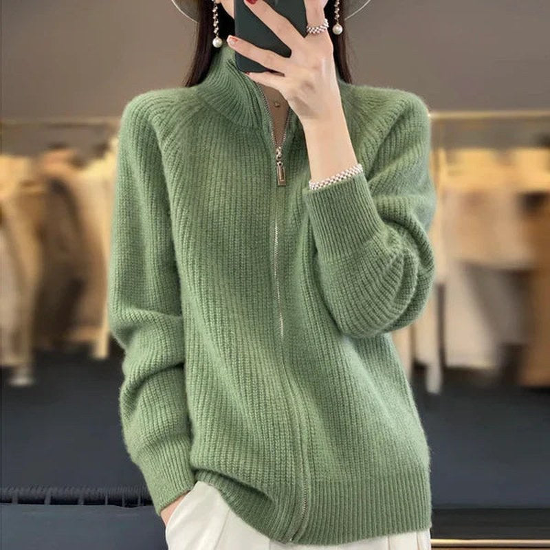 Damen Luxus Cardigan mit Reißverschluss und Stehkragen - IdealeKleiden