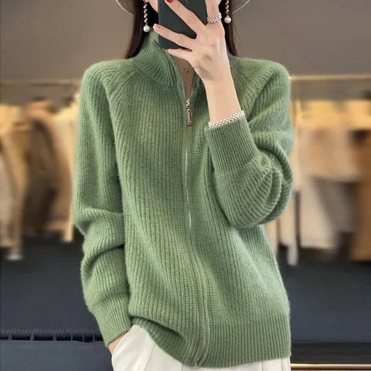 Damen Luxus Cardigan mit Reißverschluss und Stehkragen - IdealeKleiden