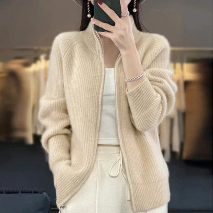 Women's Luxury Zip-Up Cardigan with Stand-Up Collar