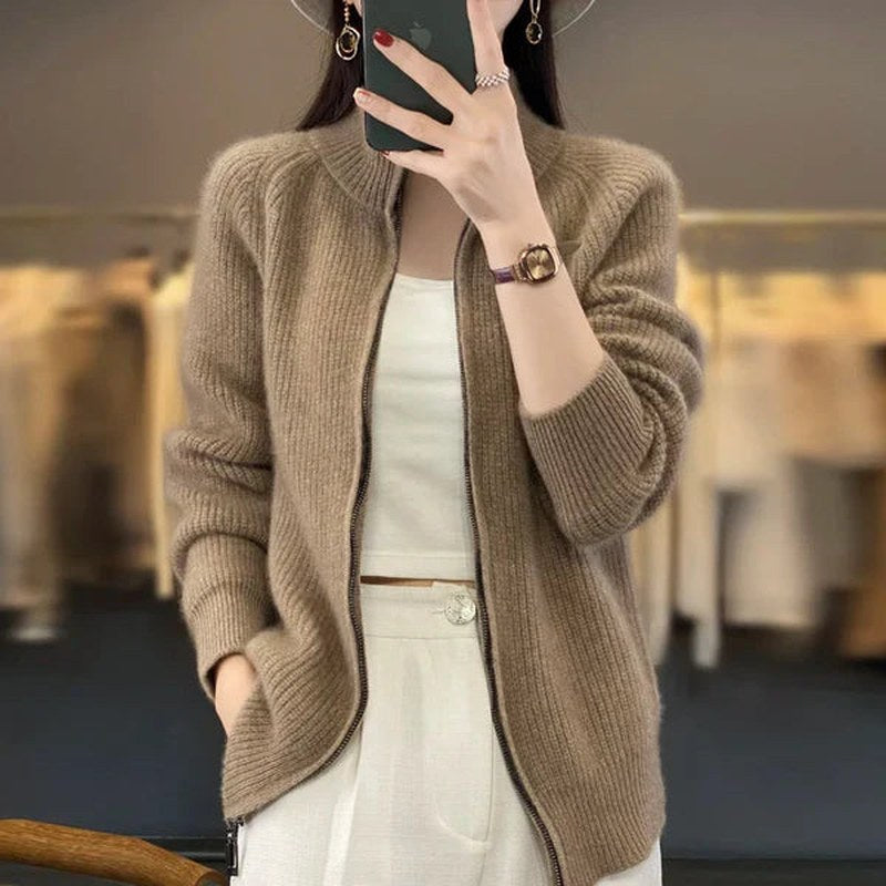 Women's Luxury Zip-Up Cardigan with Stand-Up Collar