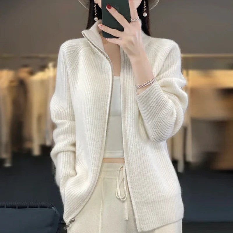 Women's Luxury Zip-Up Cardigan with Stand-Up Collar