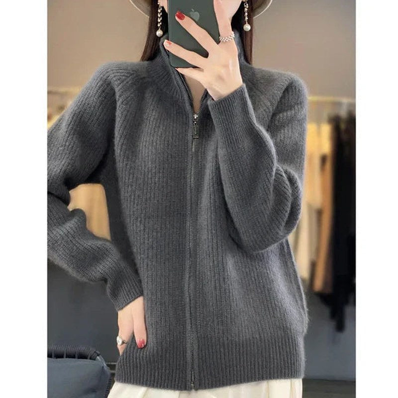 Women's Luxury Zip-Up Cardigan with Stand-Up Collar