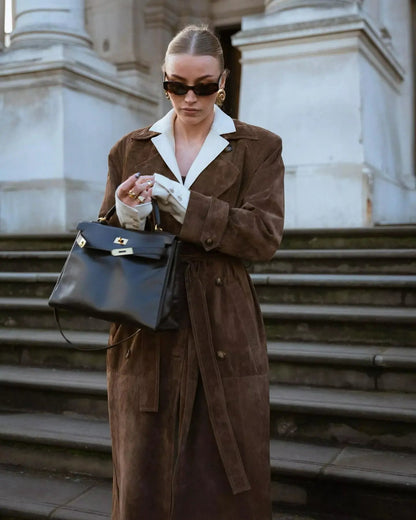 Women's Suede Trench Coat Elegant with Waist Belt