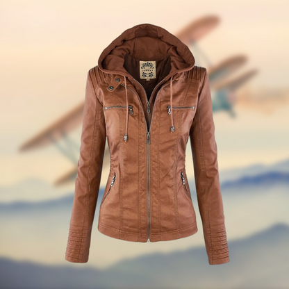 Stilvolle Damen Lederjacke Kapuze