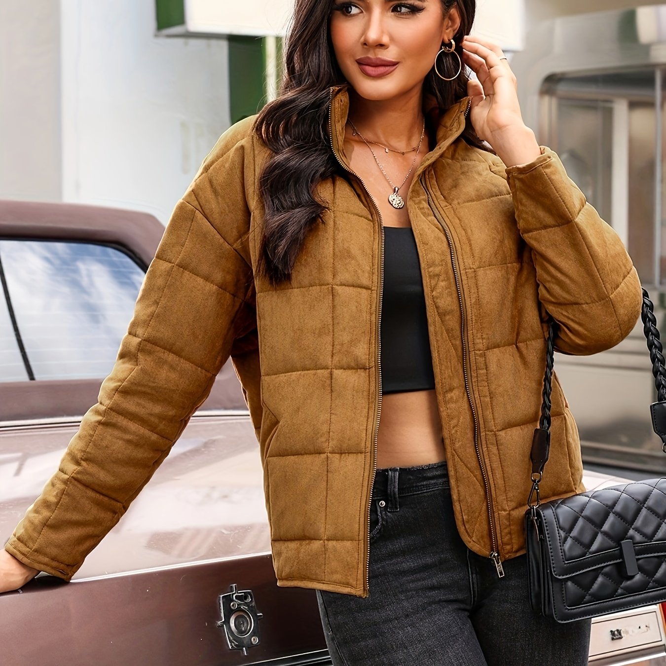 Women's Short Quilted Puffer Jacket Plaid Winter Jacket
