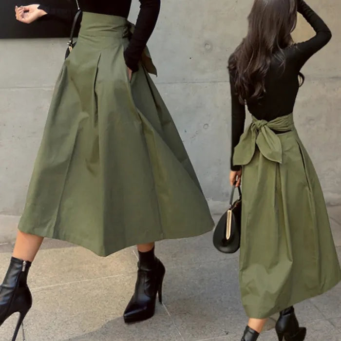 Eleganter Midi Rock mit Hochtailline und Schleife - IdealeKleiden