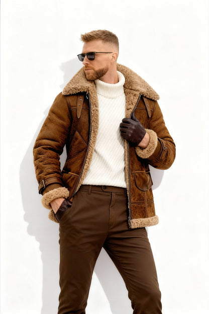 Men's Aviator Jacket Warm Lined Camel Brown