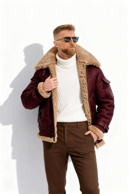 Men's Aviator Jacket Warm Lined Camel Brown