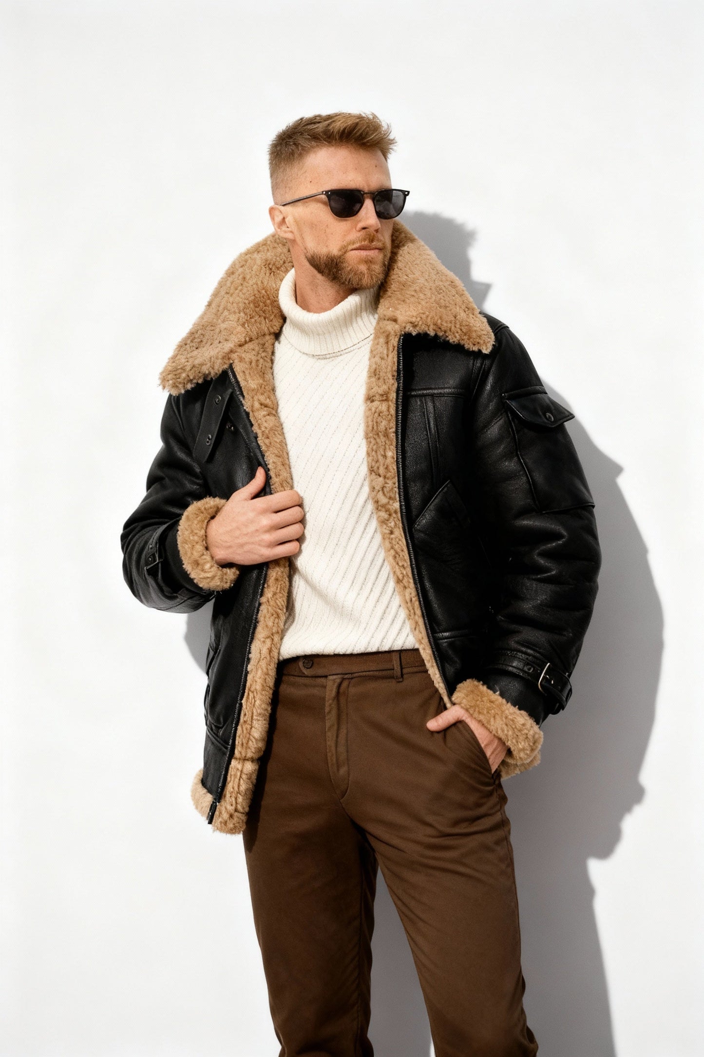 Men's Aviator Jacket Warm Lined Camel Brown