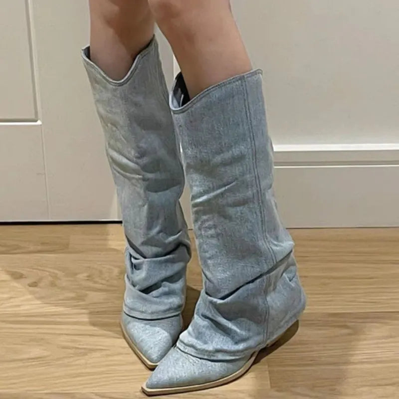Blau Denim Stiefel Höhe Oberschenkel Trendy - IdealeKleiden