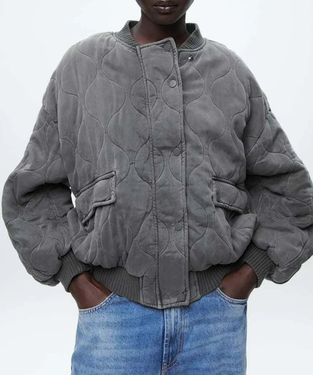 Fashionable Women's Grey Bomber Jacket