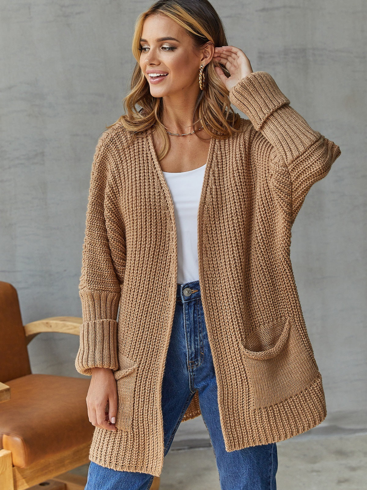 Women's Open Cardigan with Pockets and Long Sleeves