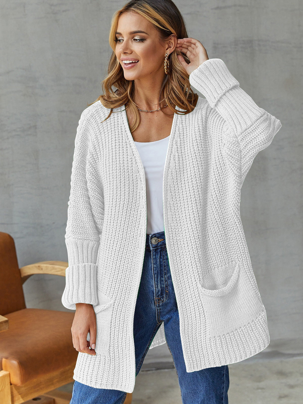 Women's Open Cardigan with Pockets and Long Sleeves