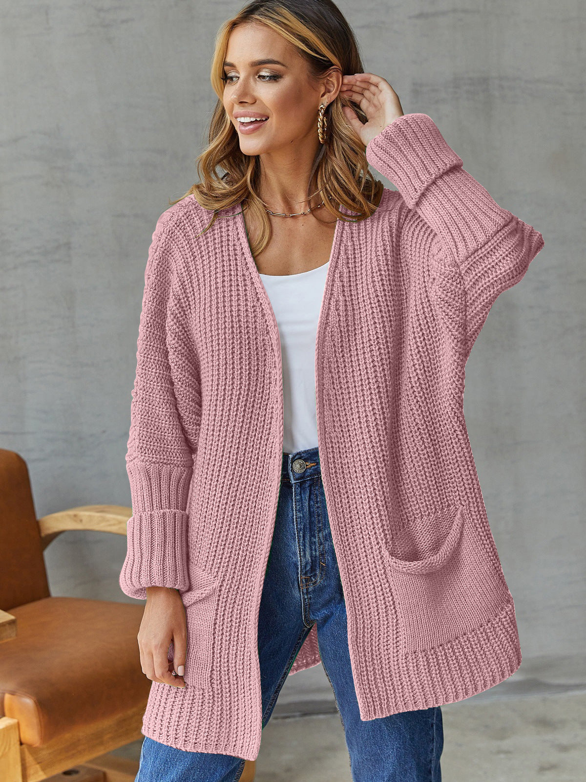 Women's Open Cardigan with Pockets and Long Sleeves